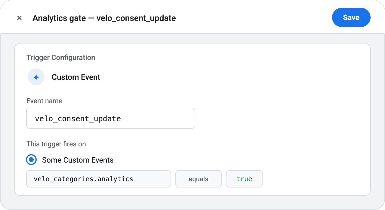 Google Tag Manager Custom Event trigger on velo_consent_update with the condition velo_categories.analytics equals true