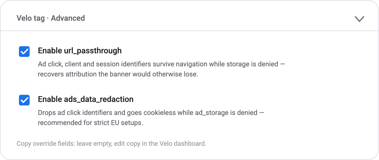 Advanced settings of the Velo tag in Google Tag Manager with the url_passthrough and ads_data_redaction checkboxes both enabled