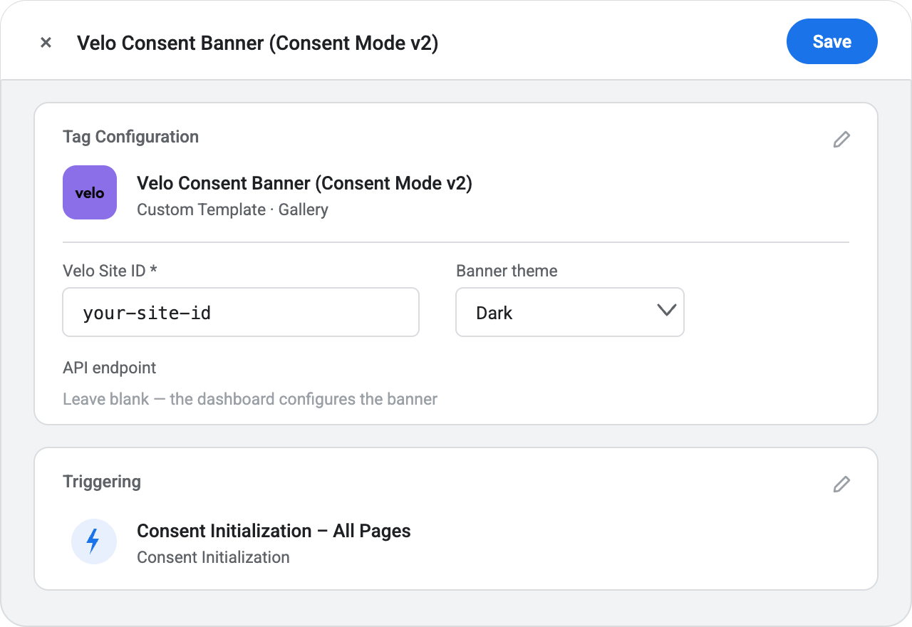 Google Tag Manager tag editor for the Velo CMP template: Tag Configuration card with Velo Site ID and banner theme fields, Triggering card set to Consent Initialization – All Pages, and the Save button