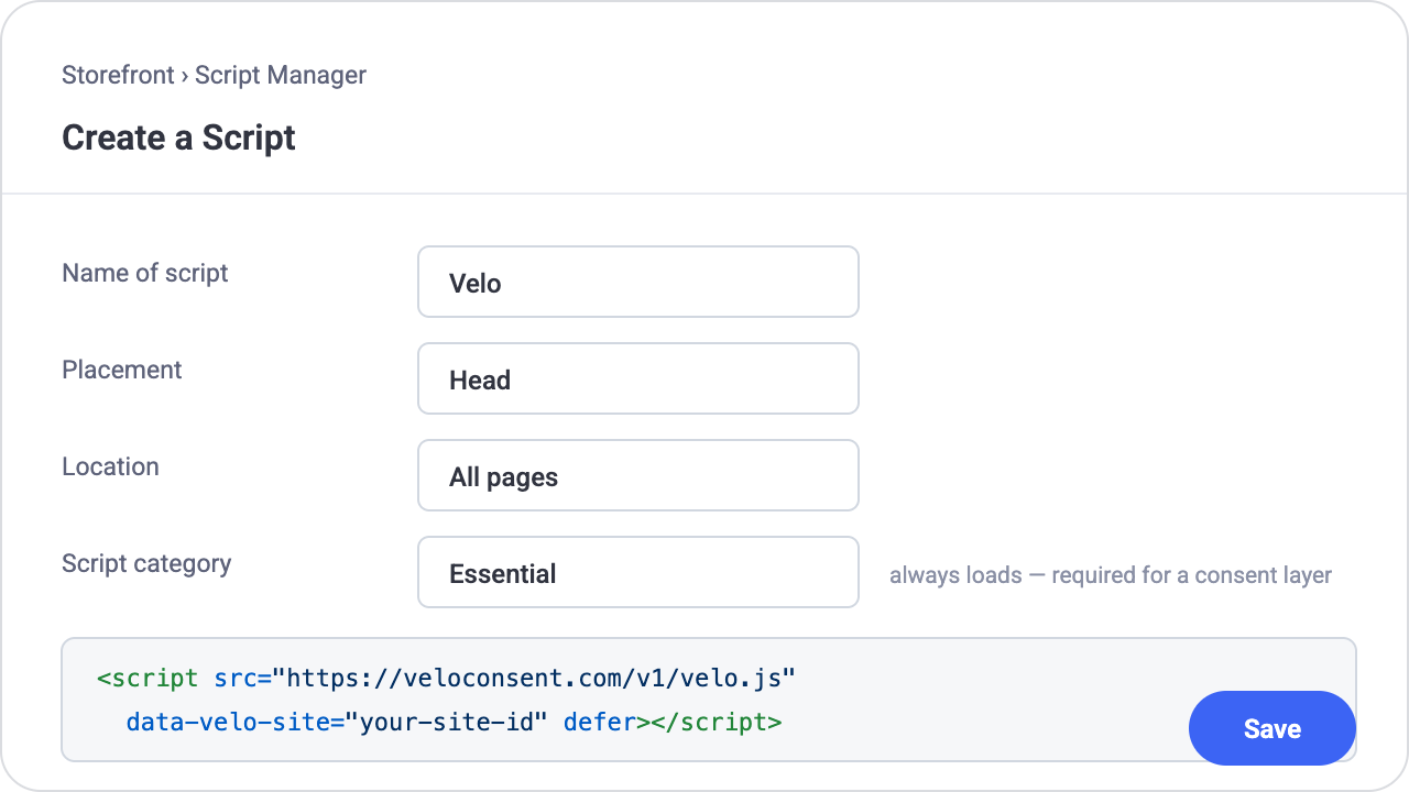BigCommerce Script Manager Create a Script form: the Velo script set to Head placement, all pages, Essential category