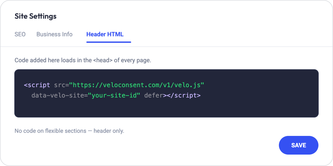 Duda site settings: the Velo script tag pasted into the Header HTML field