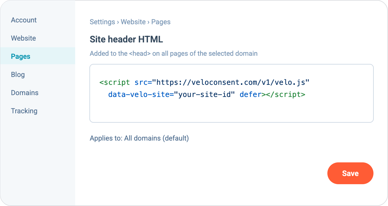 HubSpot website settings: the Velo script tag pasted into the Site header HTML field