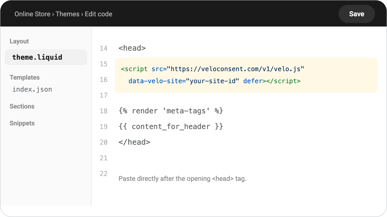 Shopify theme code editor with theme.liquid open and the Velo script tag pasted directly after the opening head tag