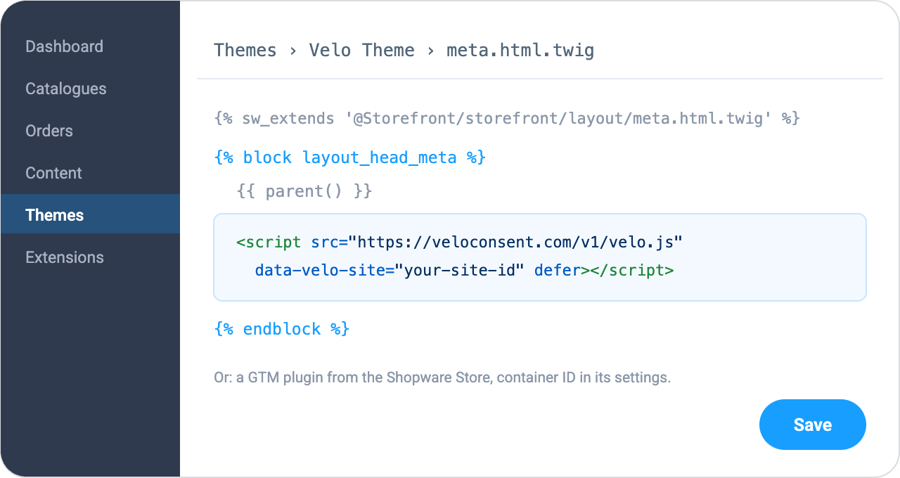 Shopware storefront template meta.html.twig with the Velo script tag added inside the head block