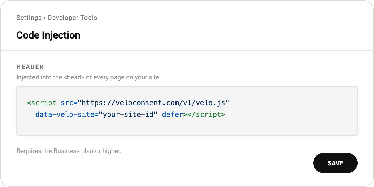 Squarespace Code Injection panel: the Velo script tag pasted into the Header field