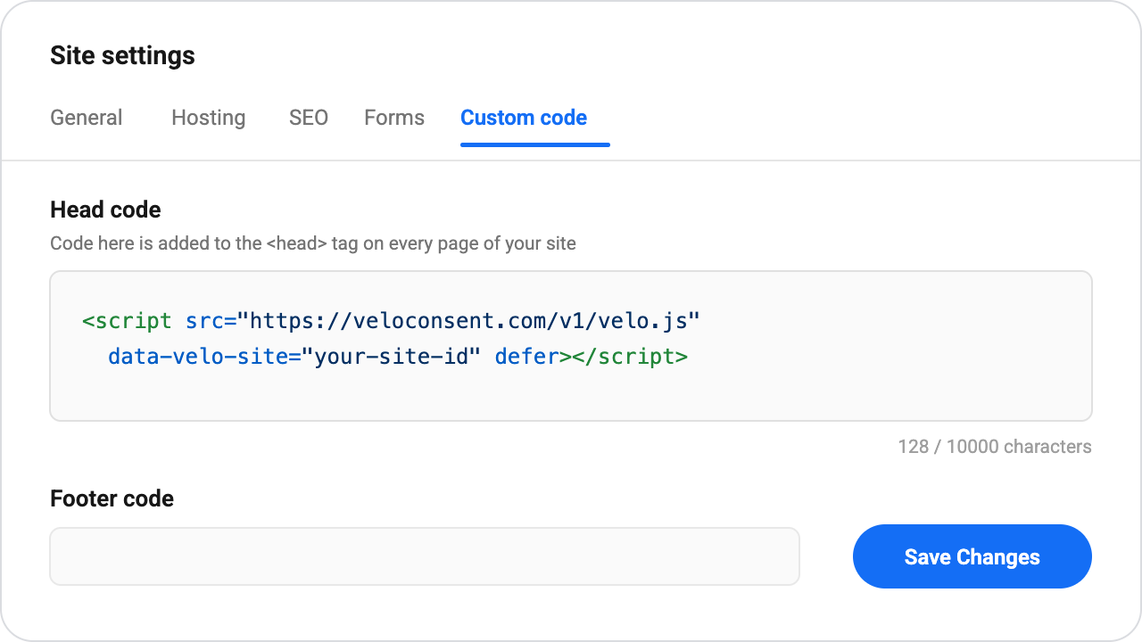 Webflow site settings on the Custom code tab: the Velo script tag pasted into the Head code field with Save and Publish
