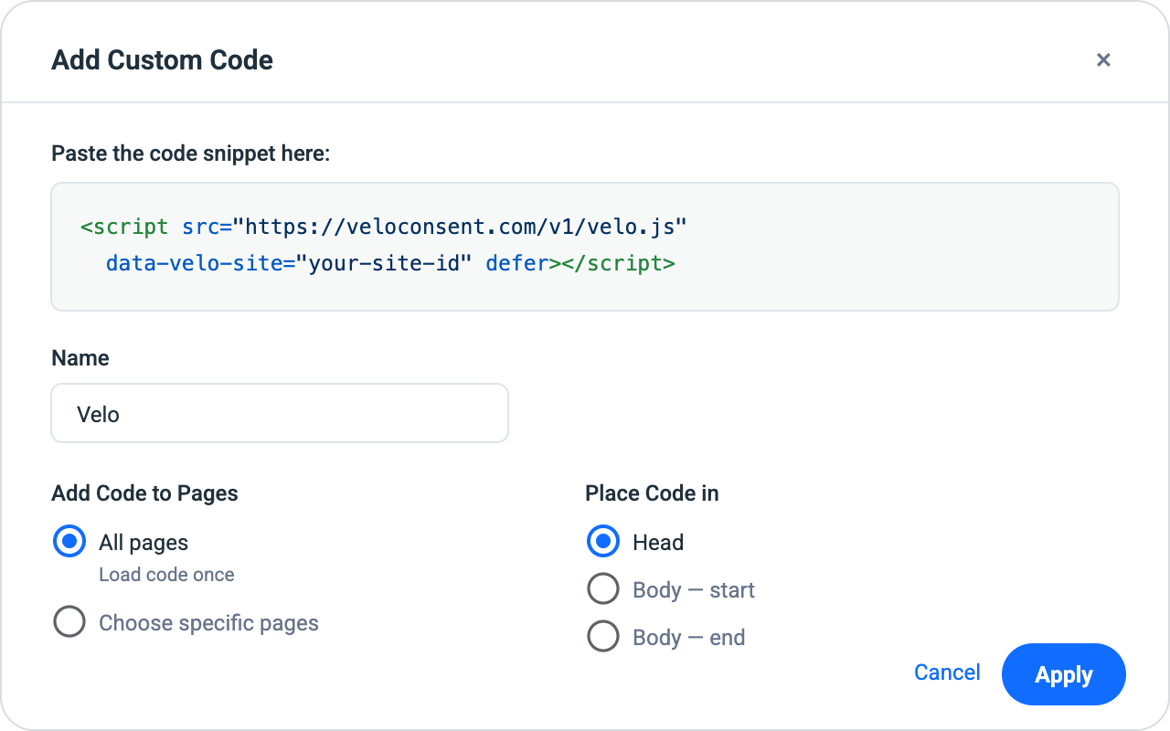 Wix dashboard Custom Code settings: the Velo script tag added to the head of all pages with the Apply button