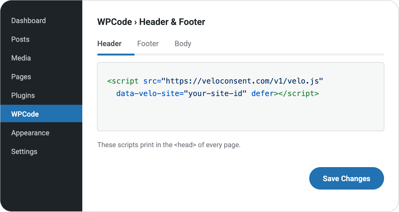WordPress admin with the WPCode plugin: the Velo script tag pasted into the Header box under Code Snippets, Header and Footer, with the Save Changes button