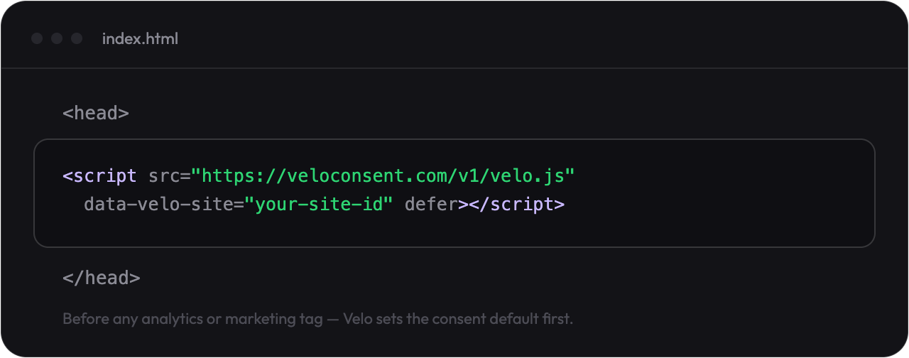The Velo one line install: the velo.js script tag placed inside the head of a web page, before any analytics tags